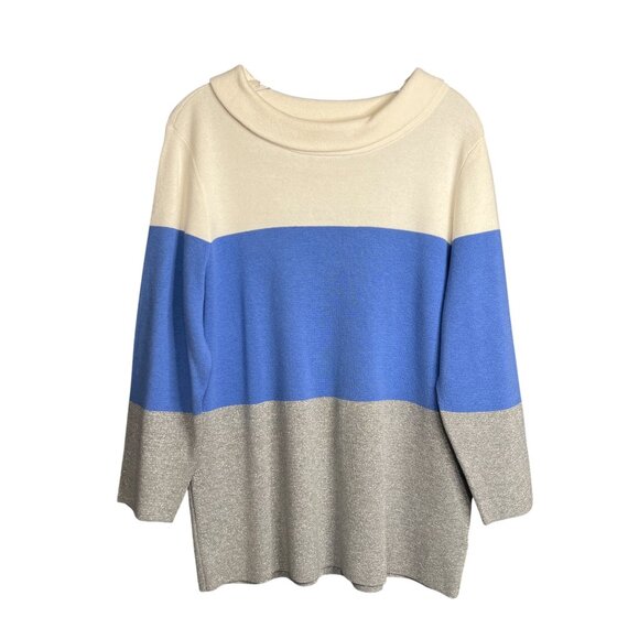Talbots Large Tunic Boat Neck Sweater Blue, Silver, cream - Picture 9 of 9